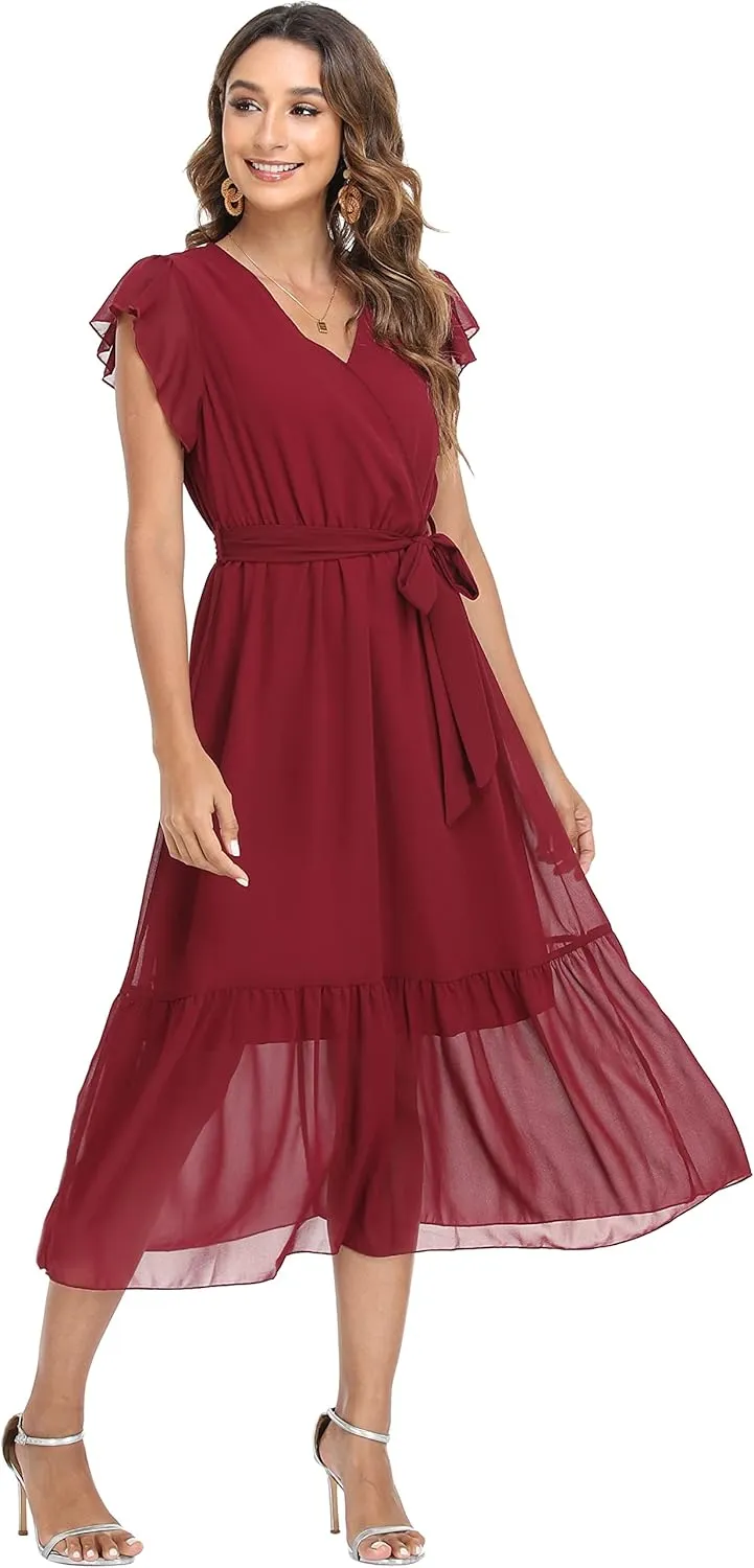 VintageClothing Womens Sundress Casual Floral Summer Boho Dress Flowy Wrap V Neck Ruffle A-Line Pleated Hem Midi Dresses