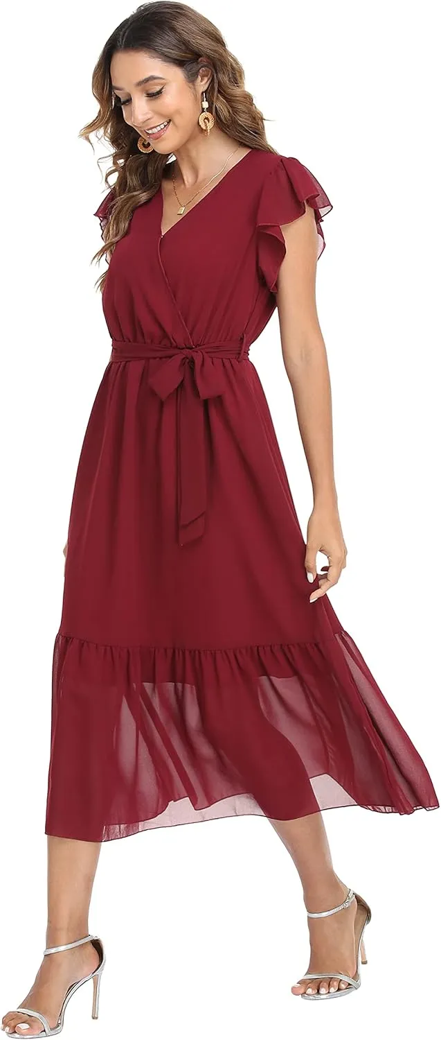 VintageClothing Womens Sundress Casual Floral Summer Boho Dress Flowy Wrap V Neck Ruffle A-Line Pleated Hem Midi Dresses