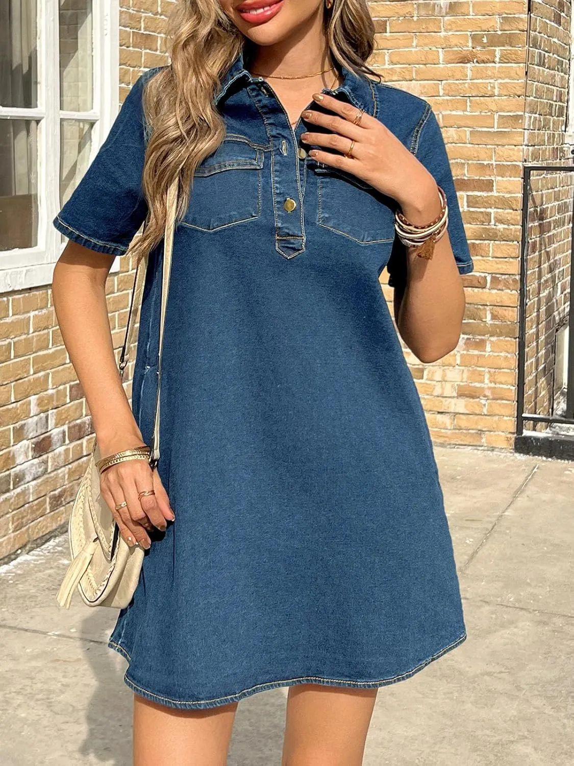 Wenrine Women's Short Sleeve Denim Dress Button Down Collared Loose Fit Summer Casual Jean Shirt Mini Dresses