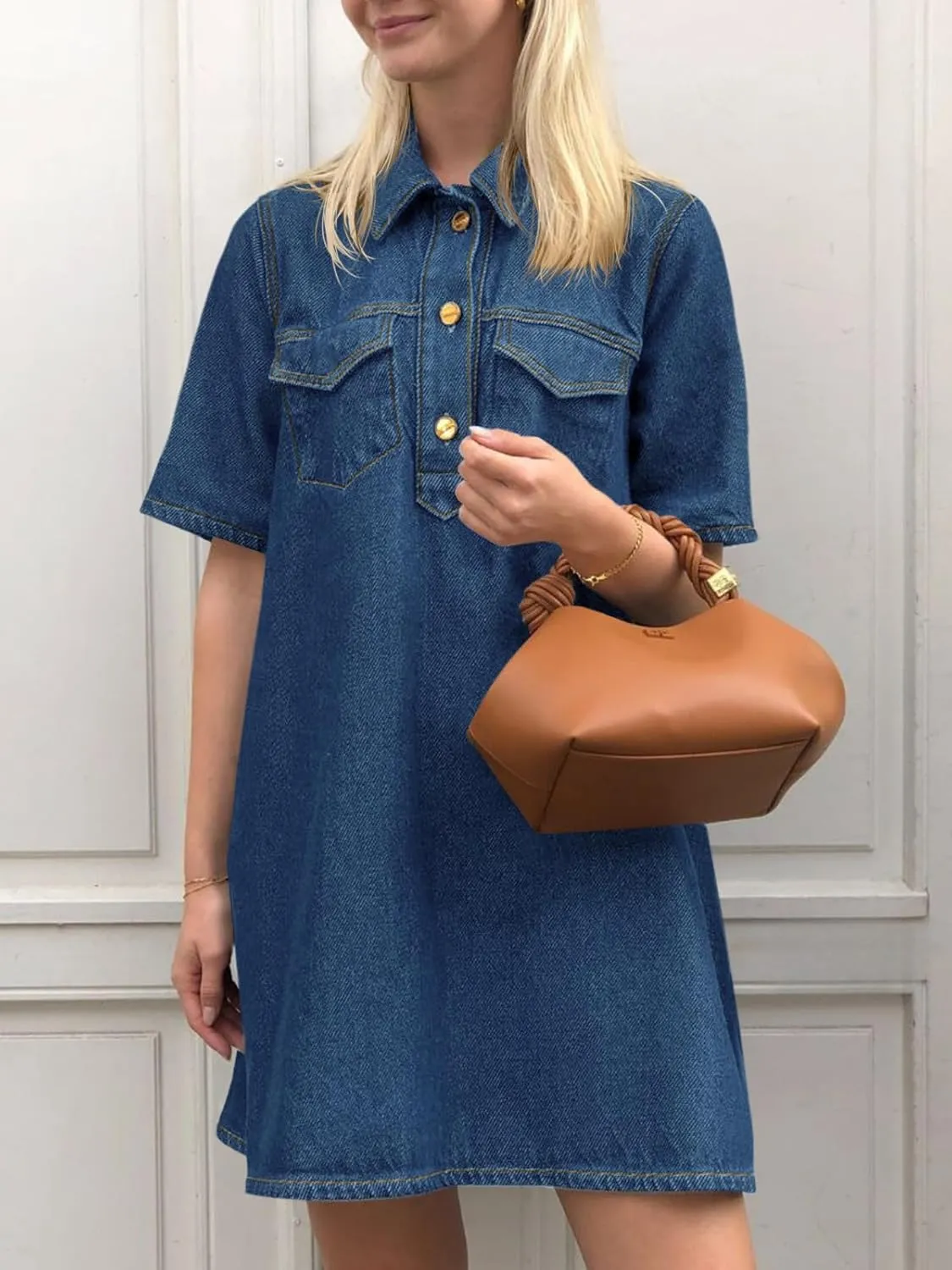 Wenrine Women's Short Sleeve Denim Dress Button Down Collared Loose Fit Summer Casual Jean Shirt Mini Dresses