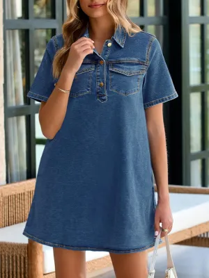 Wenrine Women's Short Sleeve Denim Dress Button Down Collared Loose Fit Summer Casual Jean Shirt Mini Dresses
