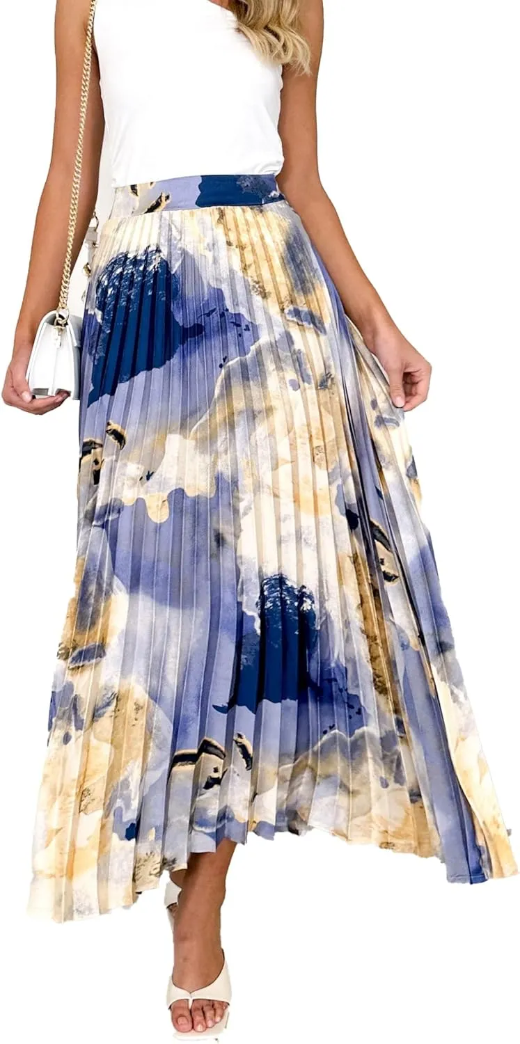 Women's 2025 High Waist Floral Long Skirts Boho Pleated Swing A Line Beach Maxi Skirt