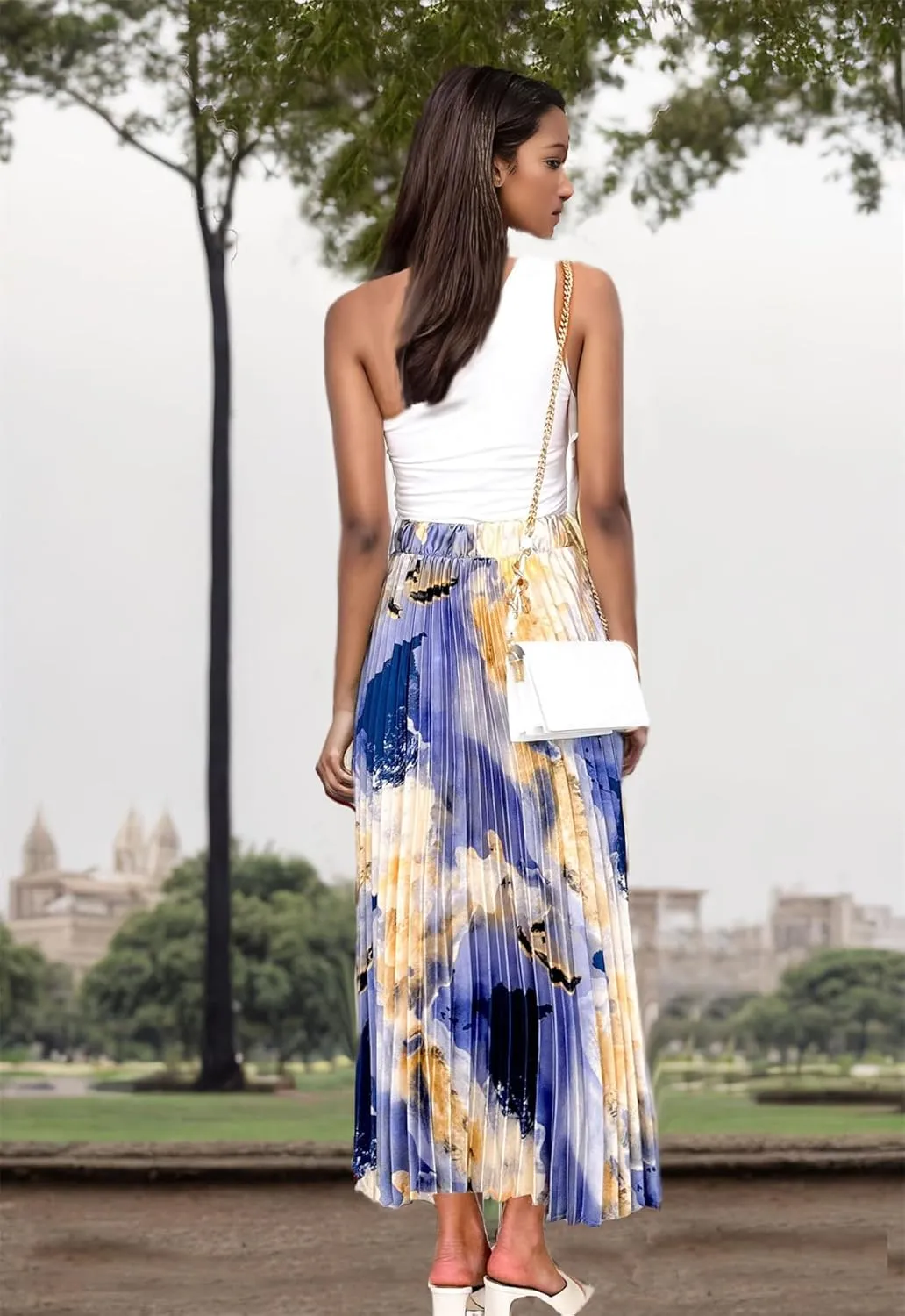 Women's 2025 High Waist Floral Long Skirts Boho Pleated Swing A Line Beach Maxi Skirt