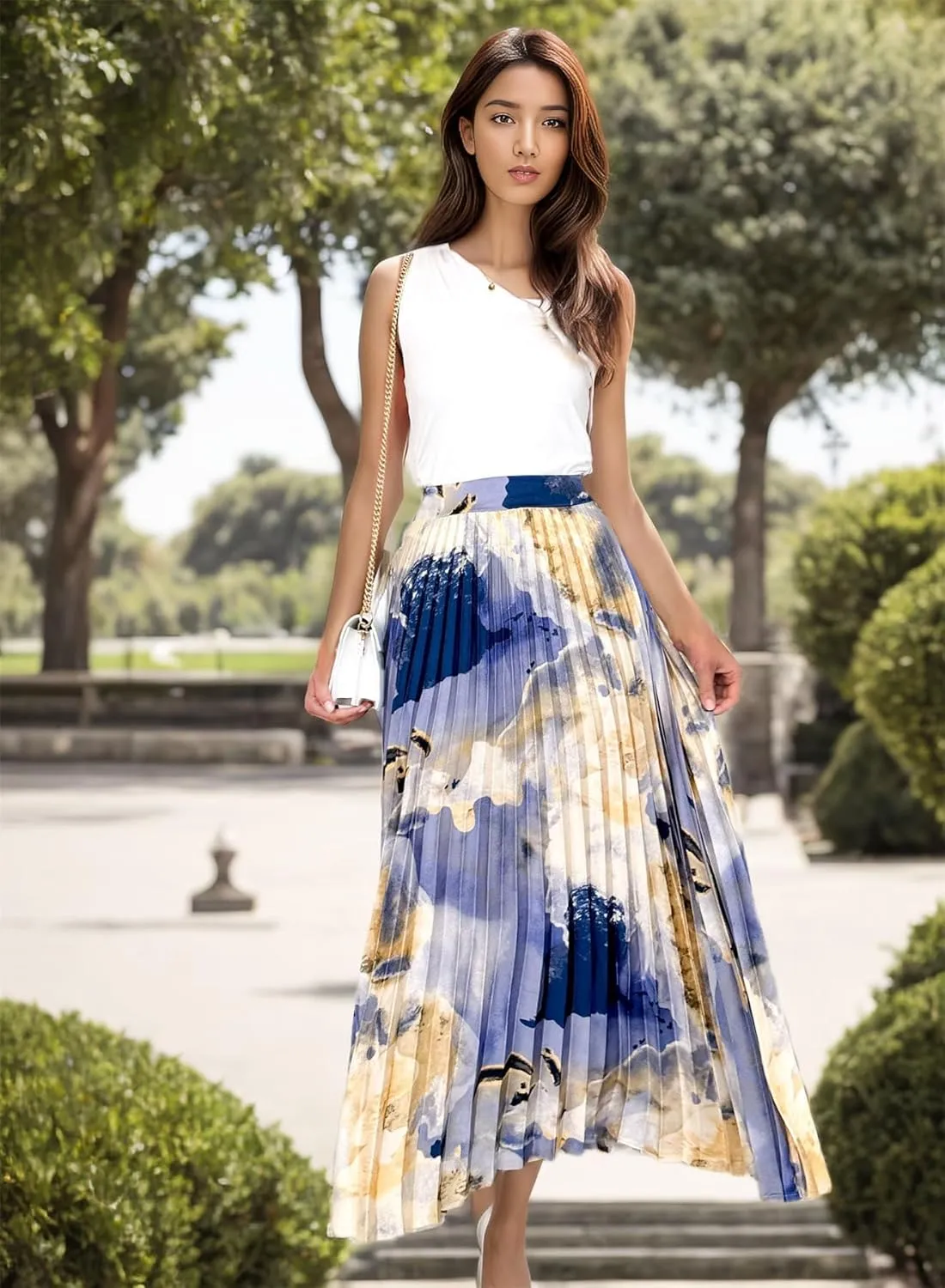 Women's 2025 High Waist Floral Long Skirts Boho Pleated Swing A Line Beach Maxi Skirt