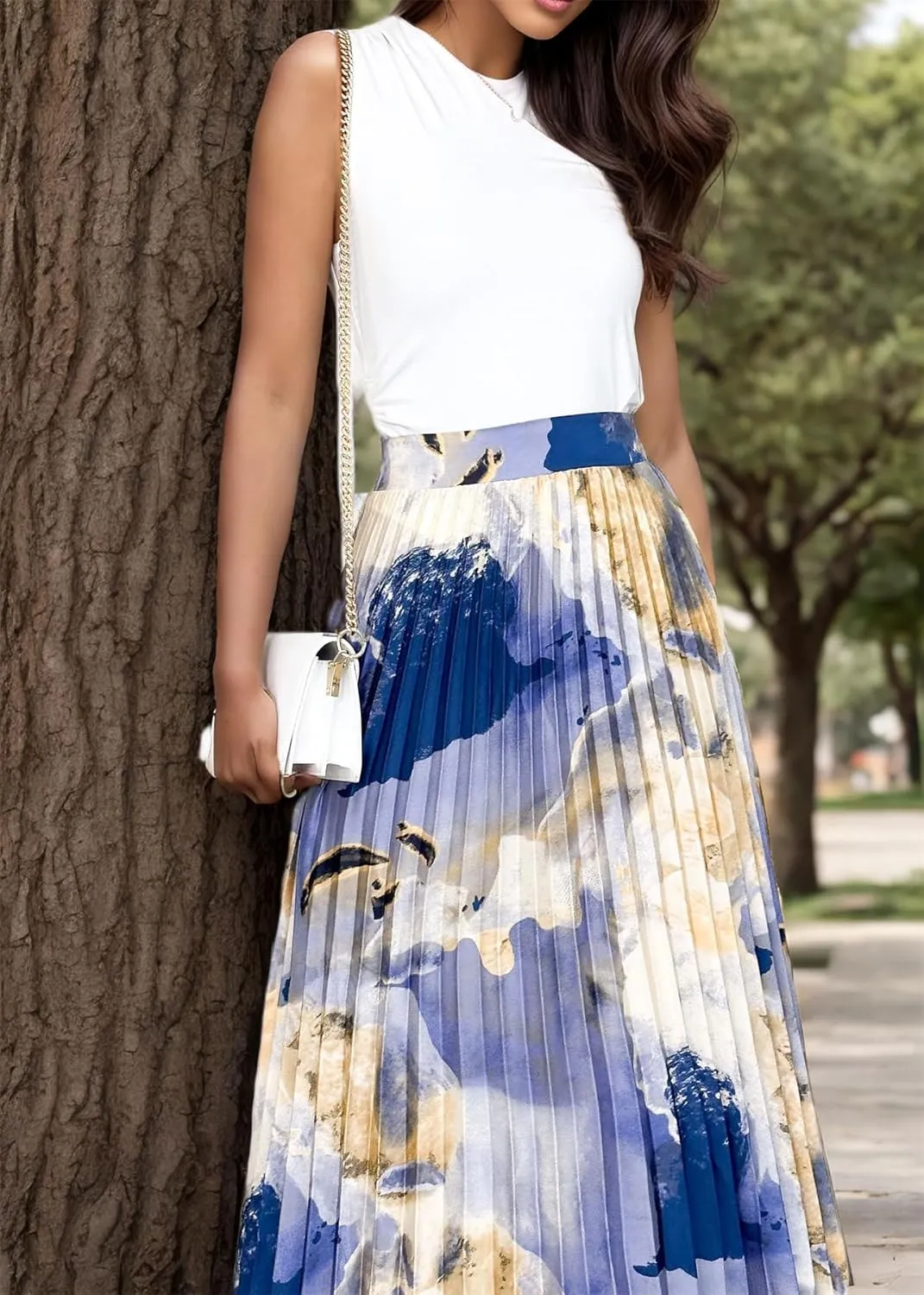 Women's 2025 High Waist Floral Long Skirts Boho Pleated Swing A Line Beach Maxi Skirt