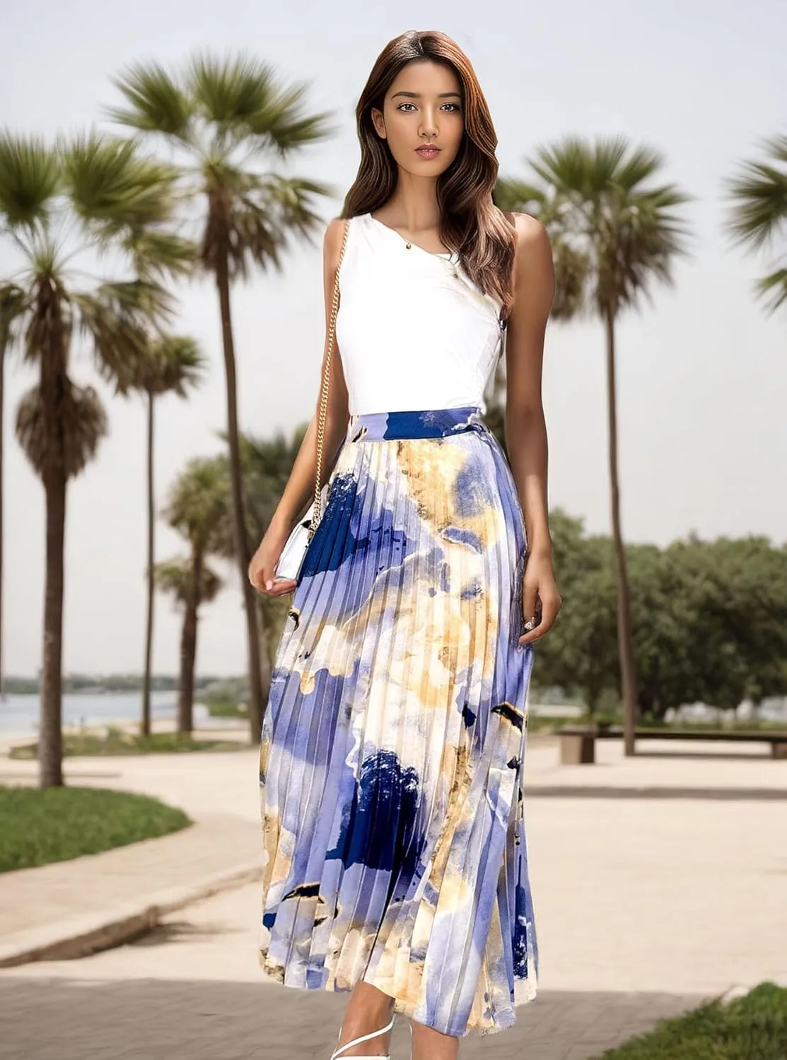 Women's 2025 High Waist Floral Long Skirts Boho Pleated Swing A Line Beach Maxi Skirt
