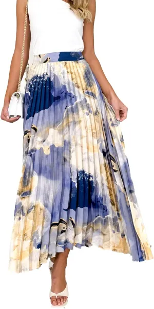 Women's 2025 High Waist Floral Long Skirts Boho Pleated Swing A Line Beach Maxi Skirt