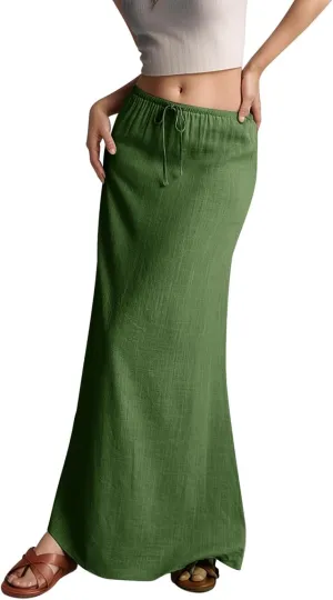 Womens Linen Maxi Skirts Summer Elastic Waist Drawstring A Line Long Flared Skirts Vacation Boho Flowy Skirt