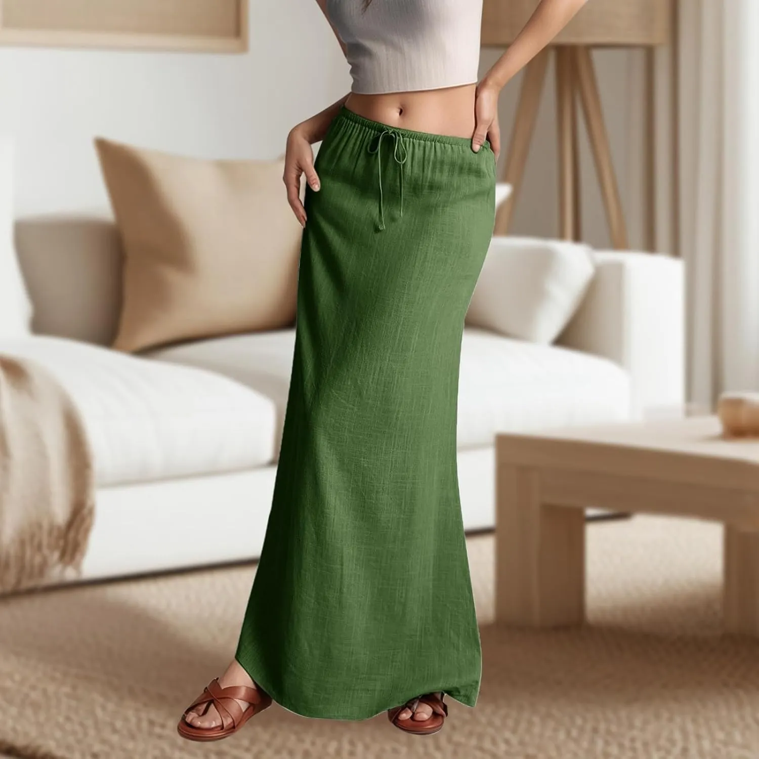 Womens Linen Maxi Skirts Summer Elastic Waist Drawstring A Line Long Flared Skirts Vacation Boho Flowy Skirt