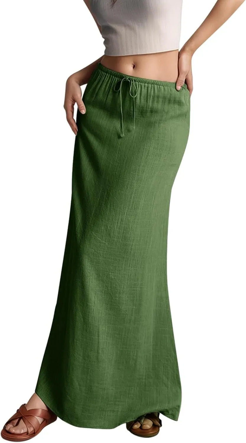Womens Linen Maxi Skirts Summer Elastic Waist Drawstring A Line Long Flared Skirts Vacation Boho Flowy Skirt