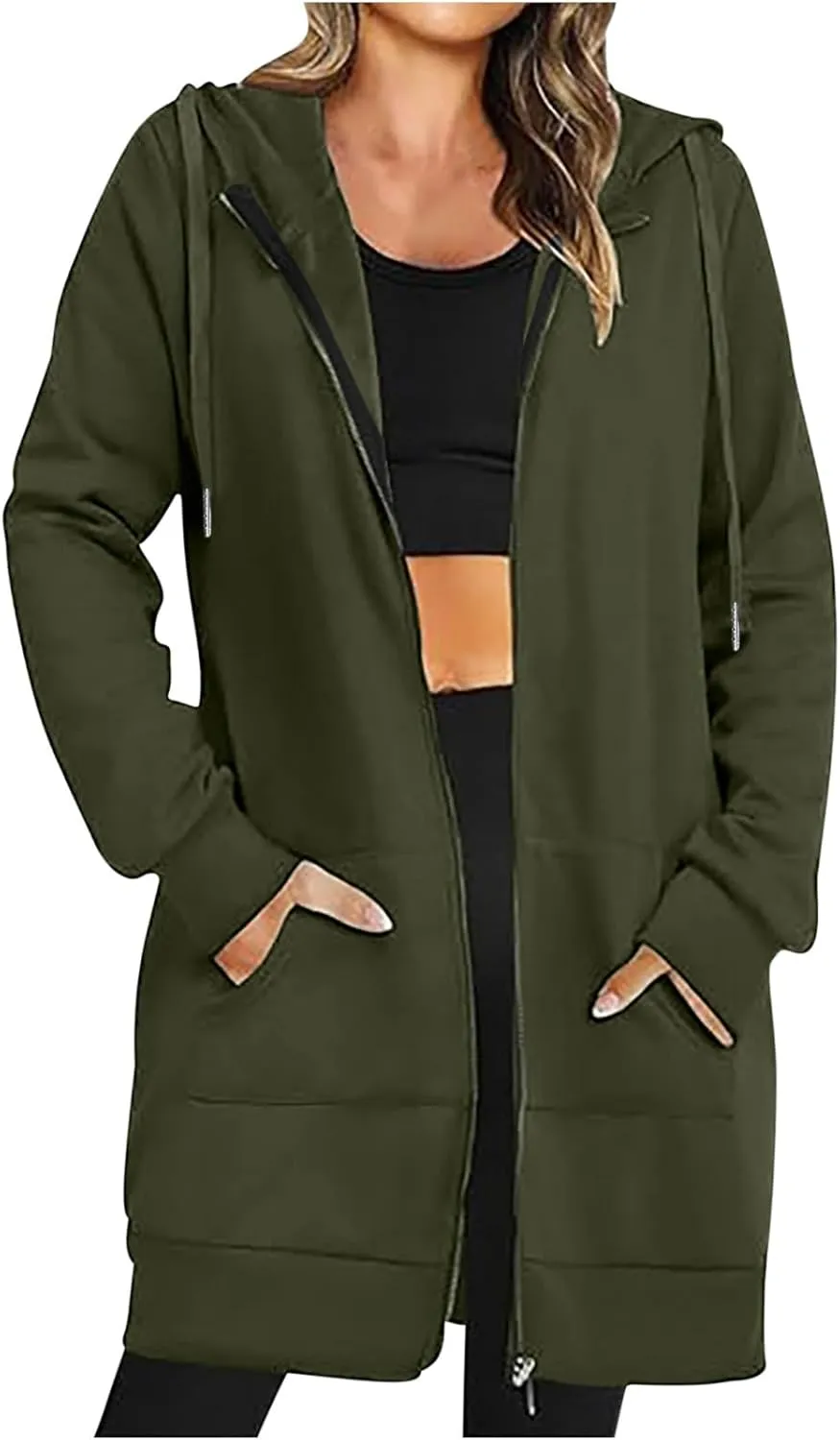 Womens Longline Hoodie Fall Winter Full Zip up Drawstring Sweatshirt Ladies Knee Length Pullover Hooded Jacket Pocket