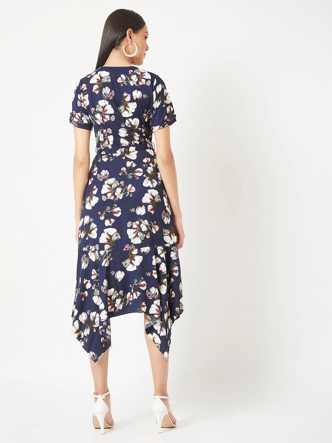 Women's Multicolored V-Neck Half Sleeve Floral Midi Belted Wrap Dress