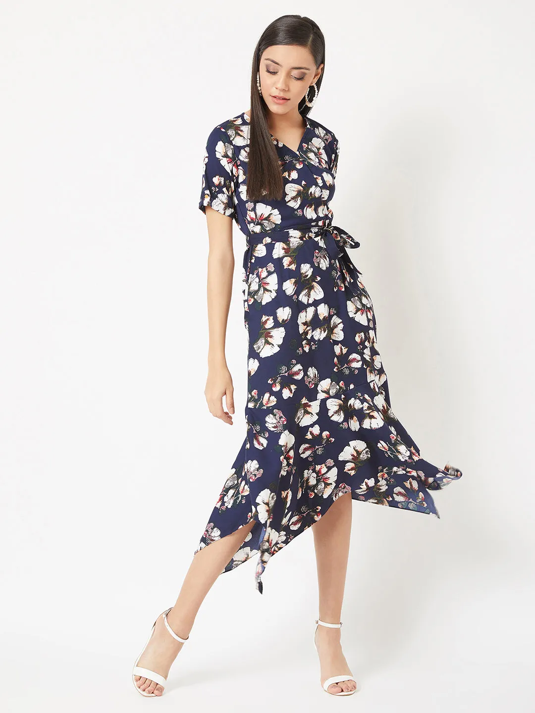 Women's Multicolored V-Neck Half Sleeve Floral Midi Belted Wrap Dress