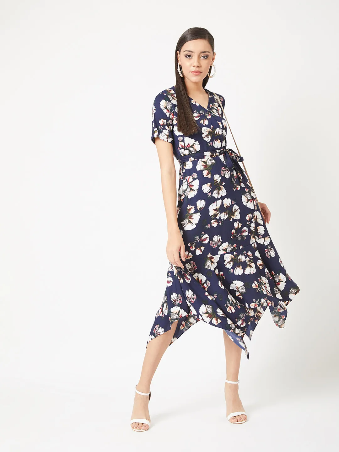 Women's Multicolored V-Neck Half Sleeve Floral Midi Belted Wrap Dress