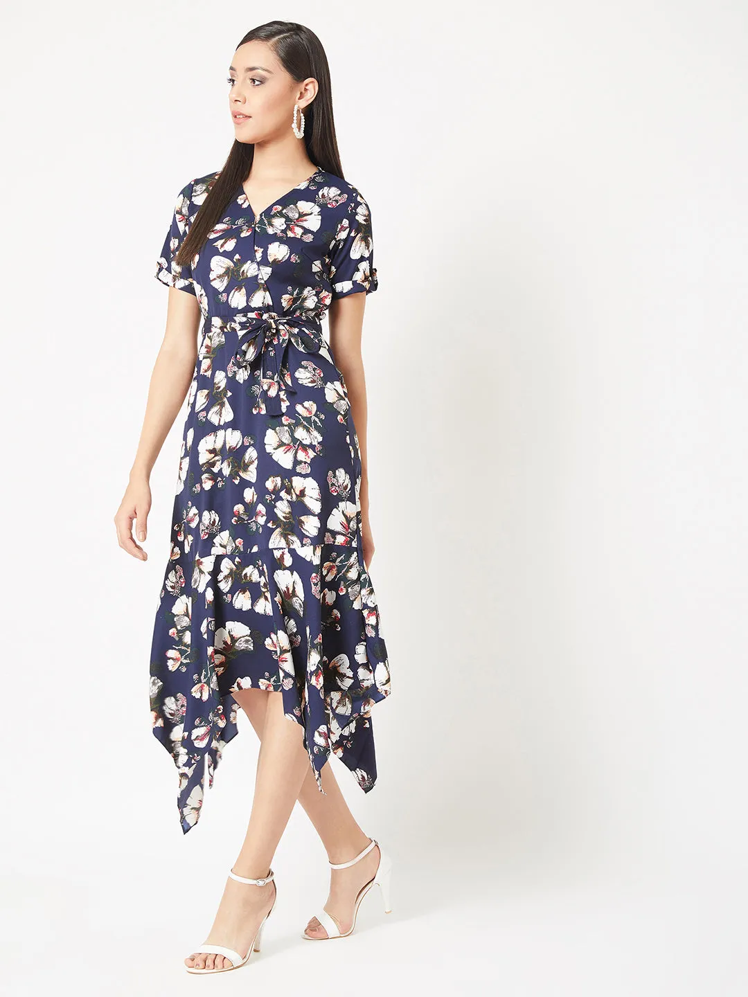 Women's Multicolored V-Neck Half Sleeve Floral Midi Belted Wrap Dress