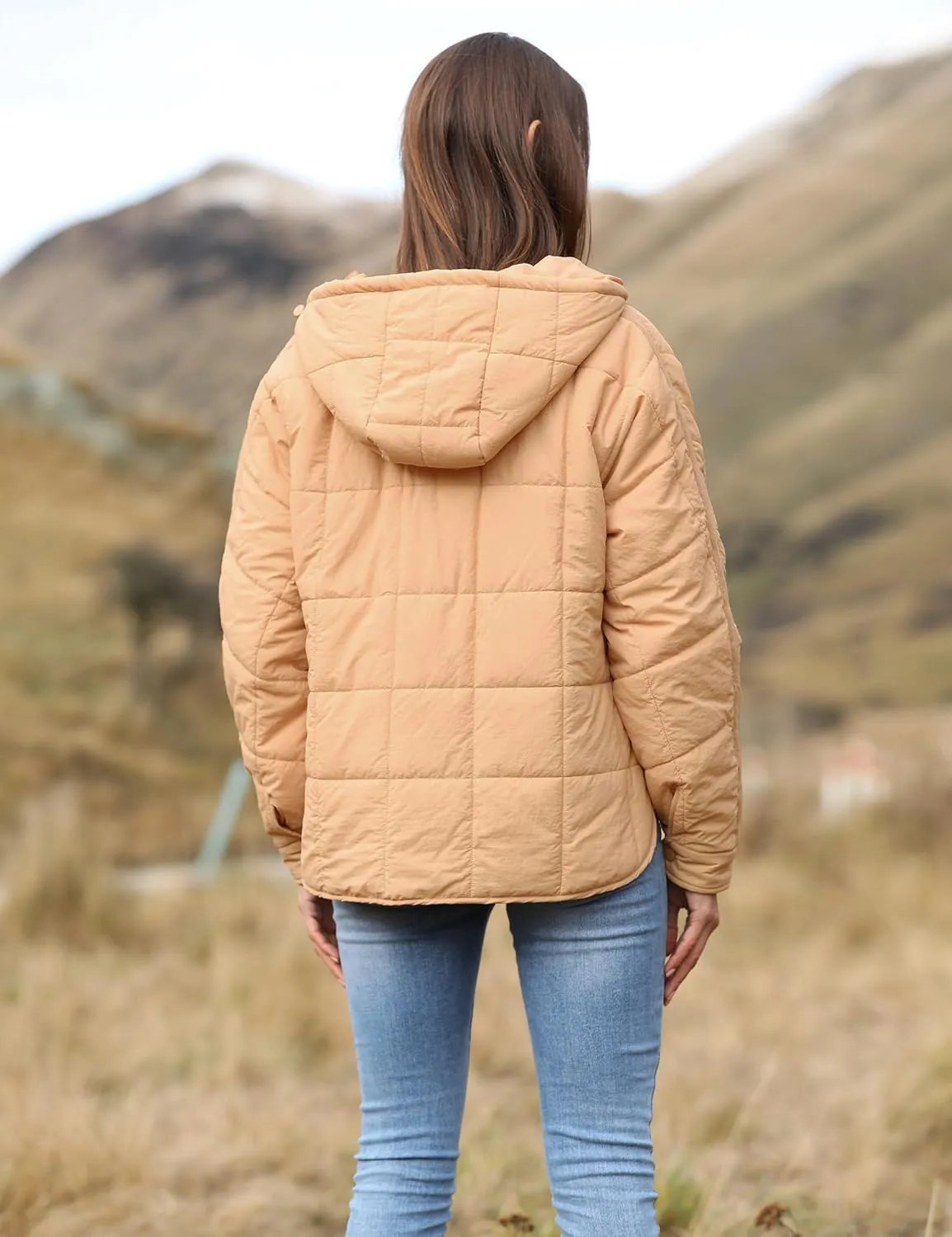 Women's Pullover Puffer Jacket Quilted Lightweight Dolman Sleeve Button Down Hooded Padded Coat with Pocket