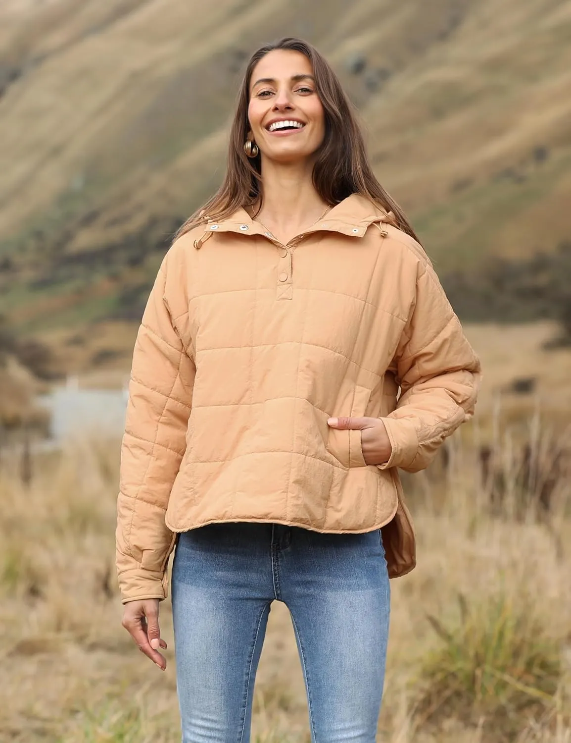 Women's Pullover Puffer Jacket Quilted Lightweight Dolman Sleeve Button Down Hooded Padded Coat with Pocket