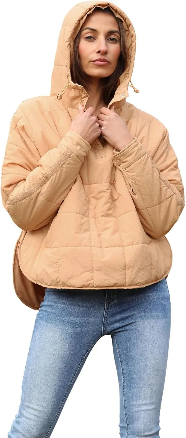 Women's Pullover Puffer Jacket Quilted Lightweight Dolman Sleeve Button Down Hooded Padded Coat with Pocket