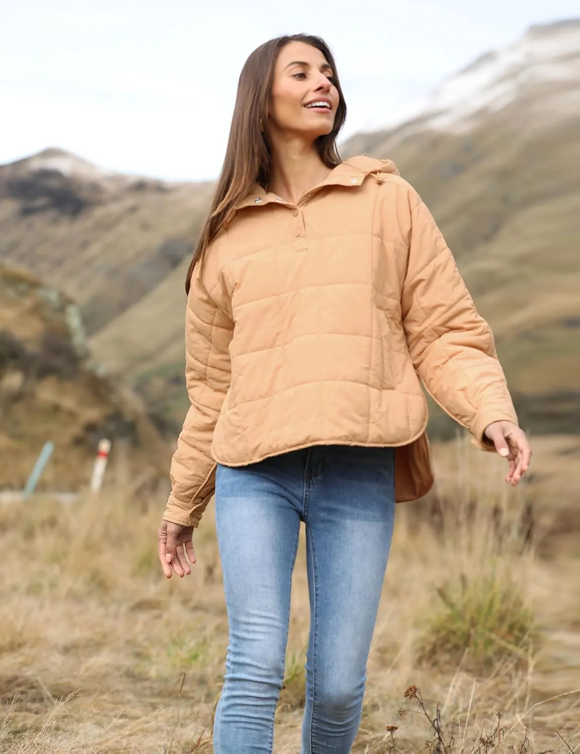 Women's Pullover Puffer Jacket Quilted Lightweight Dolman Sleeve Button Down Hooded Padded Coat with Pocket