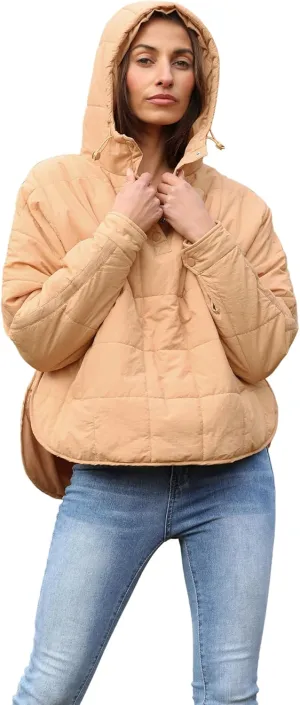 Women's Pullover Puffer Jacket Quilted Lightweight Dolman Sleeve Button Down Hooded Padded Coat with Pocket