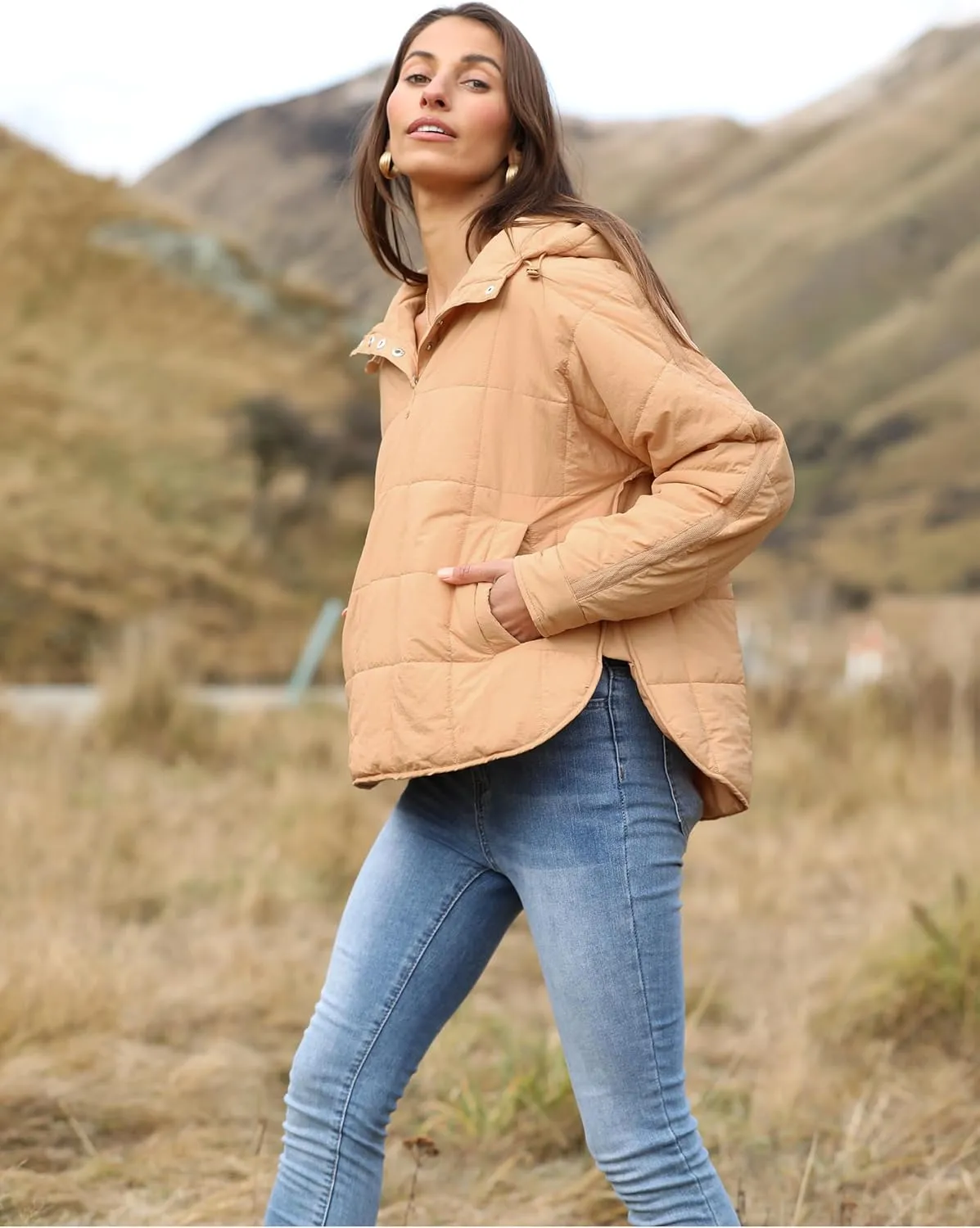 Women's Pullover Puffer Jacket Quilted Lightweight Dolman Sleeve Button Down Hooded Padded Coat with Pocket