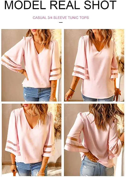 Women's Summer 3/4 Bell Sleeve V-Neck Patchwork Large Casual Blouse, Solid Pink