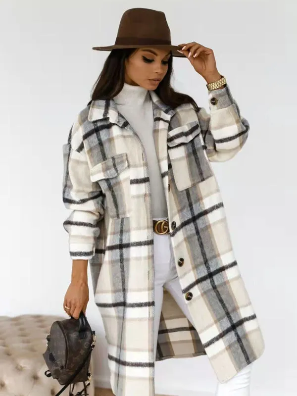 Wool Checked Coat - Thick Fabric Plaid Long Jacket