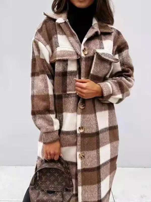 Wool Checked Coat - Thick Fabric Plaid Long Jacket