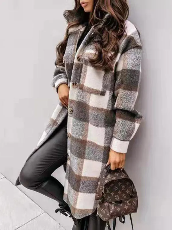 Wool Checked Coat - Thick Fabric Plaid Long Jacket