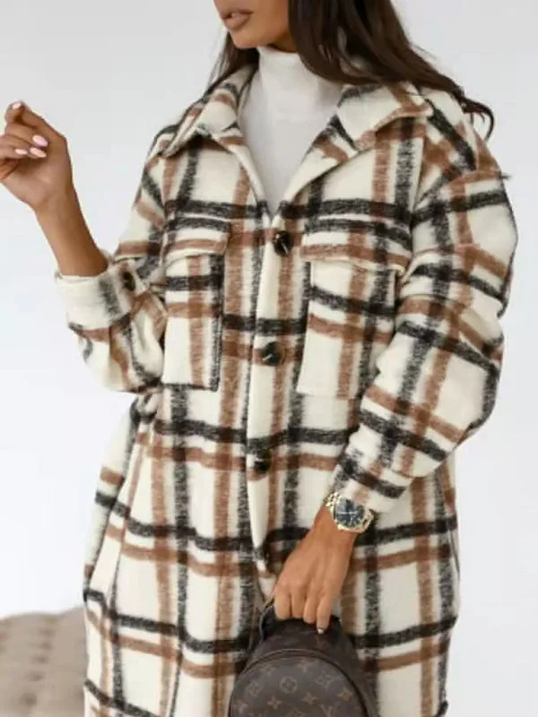 Wool Checked Coat - Thick Fabric Plaid Long Jacket