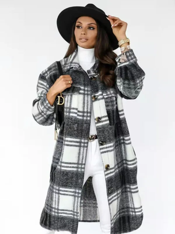 Wool Checked Coat - Thick Fabric Plaid Long Jacket