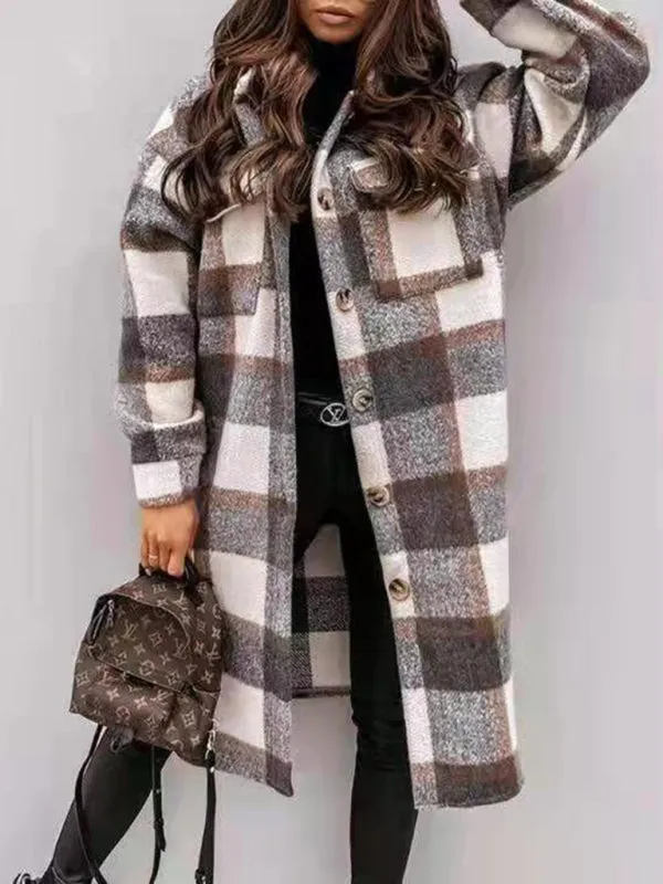 Wool Checked Coat - Thick Fabric Plaid Long Jacket
