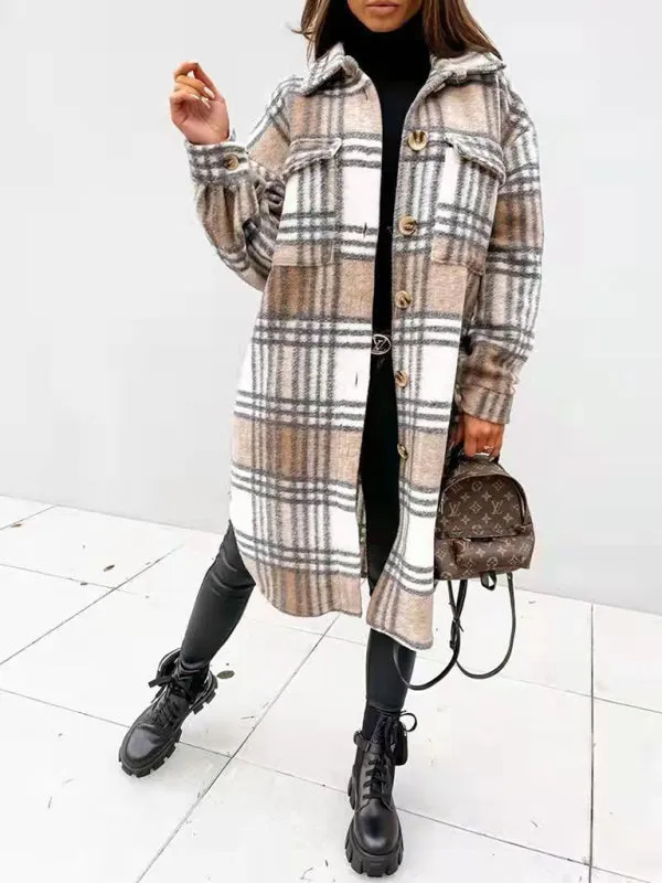 Wool Checked Coat - Thick Fabric Plaid Long Jacket