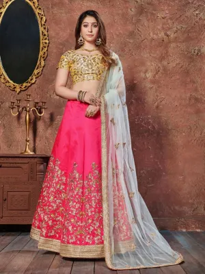 Yellow & Pink Silk Embroidered, Zari & Sequin Detailing Lehenga Choli Set with Off White Soft Net Dupatta