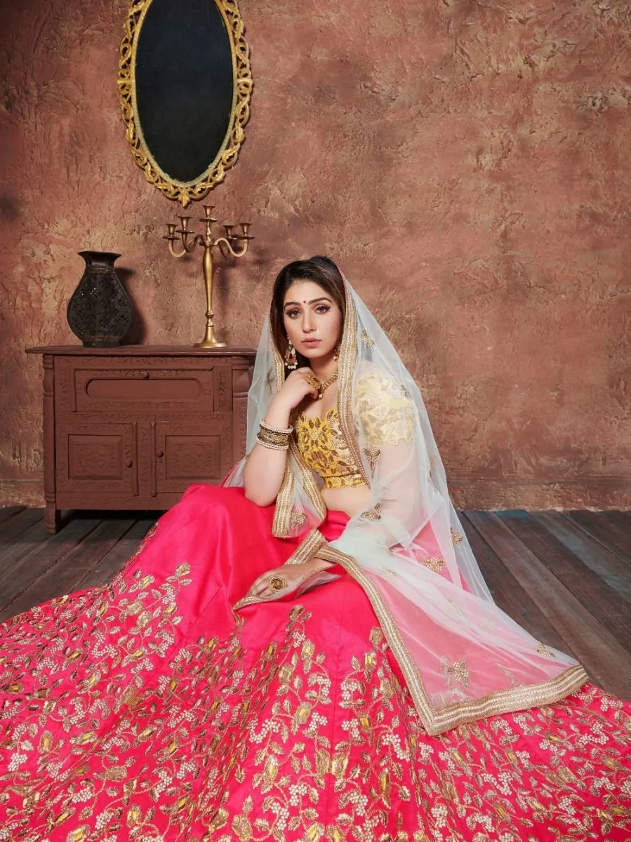 Yellow & Pink Silk Embroidered, Zari & Sequin Detailing Lehenga Choli Set with Off White Soft Net Dupatta