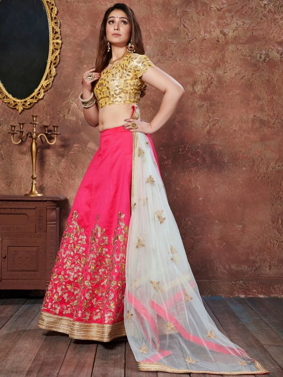 Yellow & Pink Silk Embroidered, Zari & Sequin Detailing Lehenga Choli Set with Off White Soft Net Dupatta