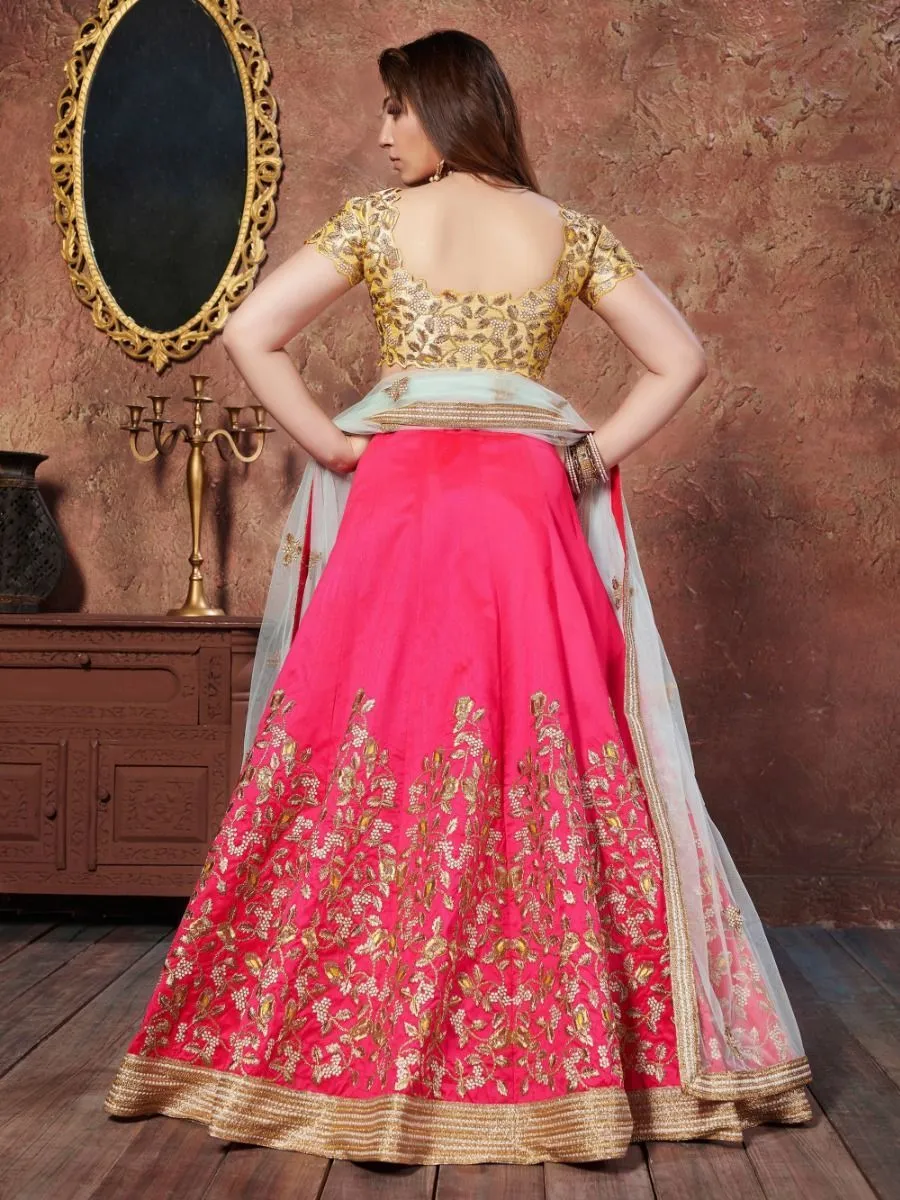 Yellow & Pink Silk Embroidered, Zari & Sequin Detailing Lehenga Choli Set with Off White Soft Net Dupatta