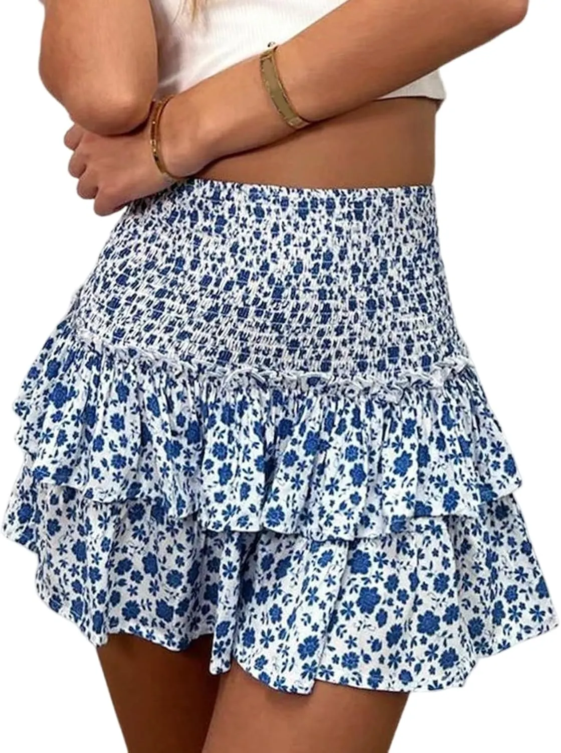 Yimoon Women's Summer High Waist Layered Ruffle Mini Skirt Floral Print Boho Smocked A Line Short Skirt