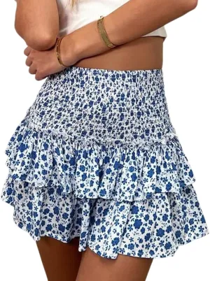 Yimoon Women's Summer High Waist Layered Ruffle Mini Skirt Floral Print Boho Smocked A Line Short Skirt