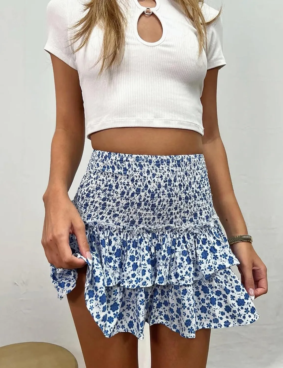 Yimoon Women's Summer High Waist Layered Ruffle Mini Skirt Floral Print Boho Smocked A Line Short Skirt