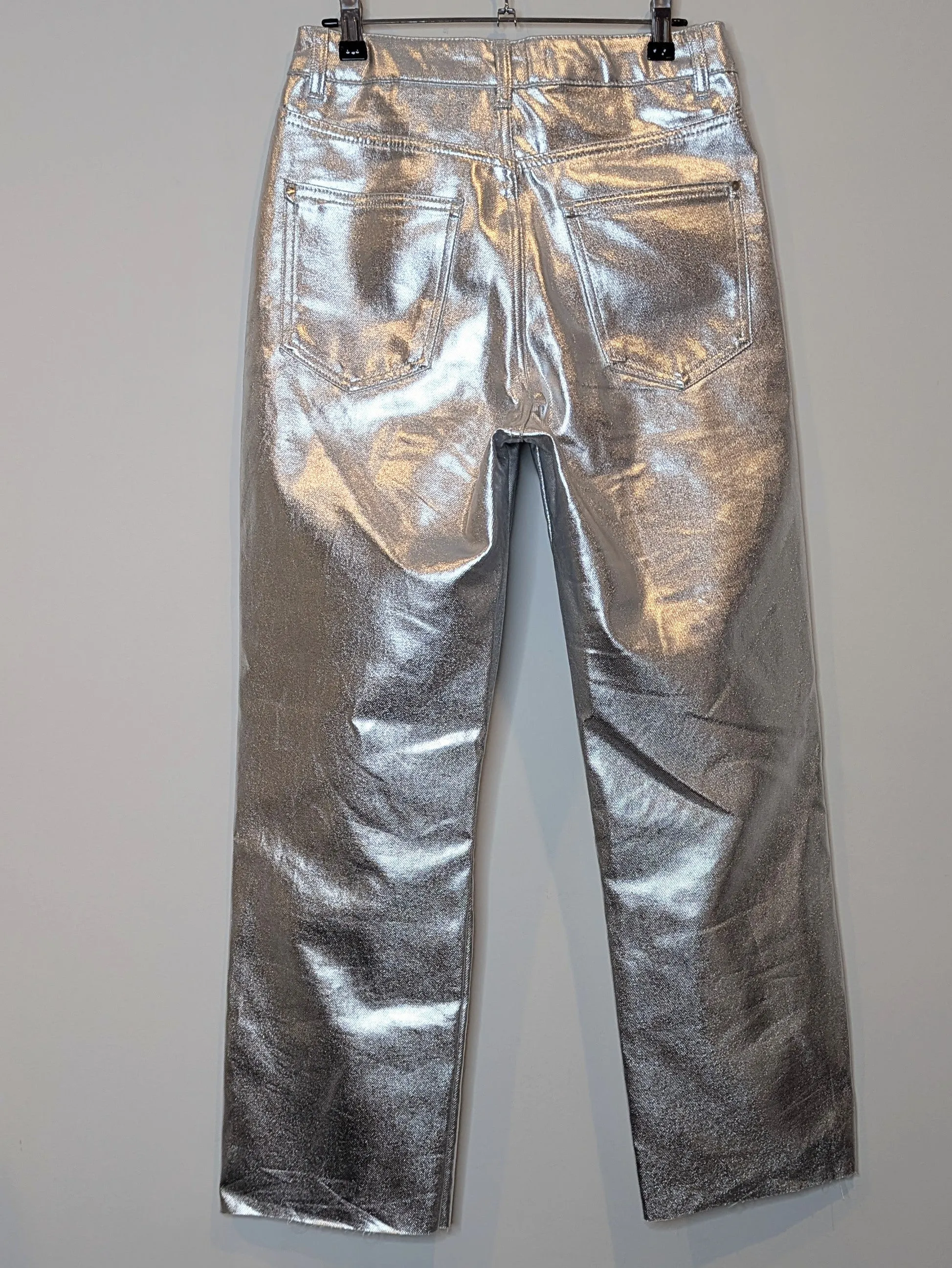 Zara Silver Metallic High Waist Wide Leg Straight Jeans