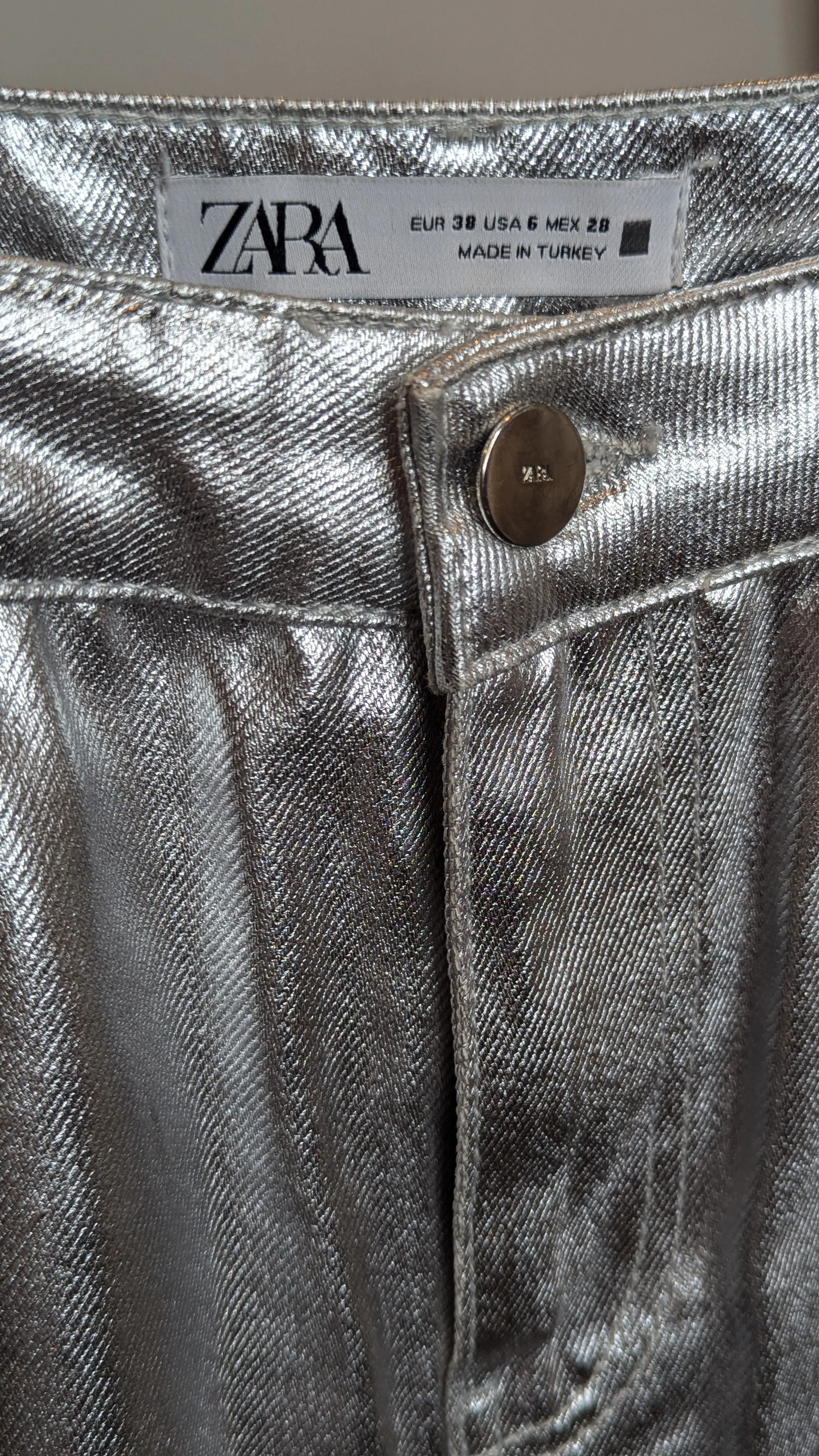 Zara Silver Metallic High Waist Wide Leg Straight Jeans
