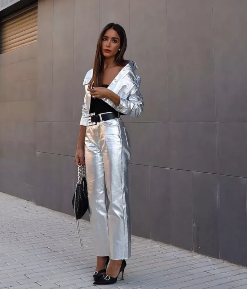 Zara Silver Metallic High Waist Wide Leg Straight Jeans