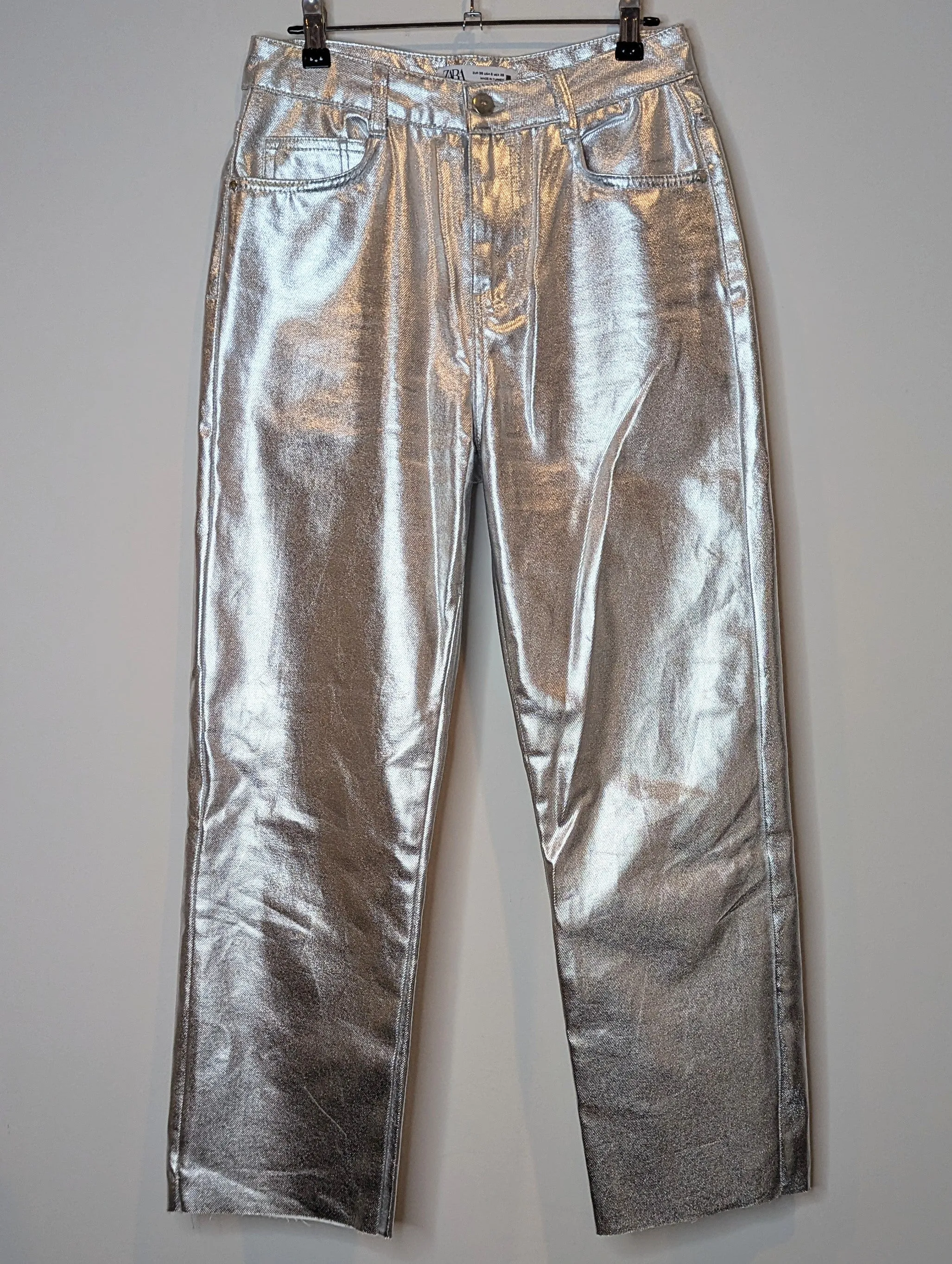 Zara Silver Metallic High Waist Wide Leg Straight Jeans