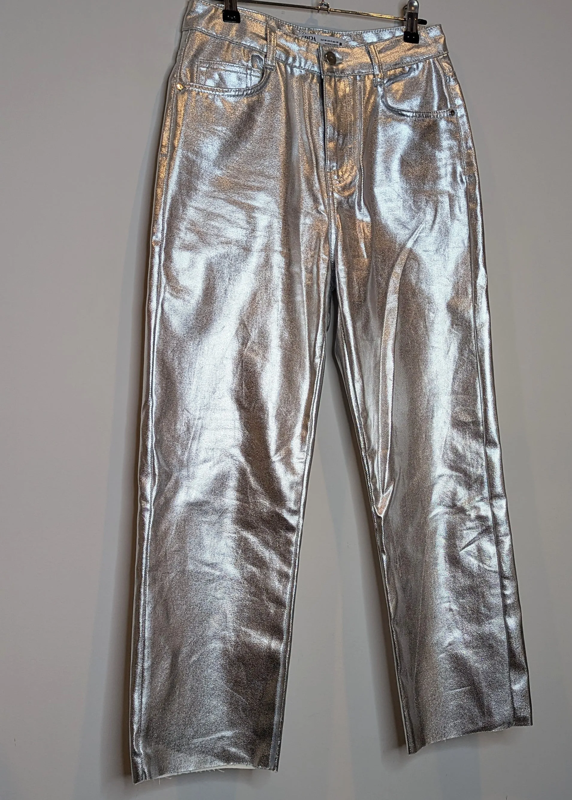 Zara Silver Metallic High Waist Wide Leg Straight Jeans